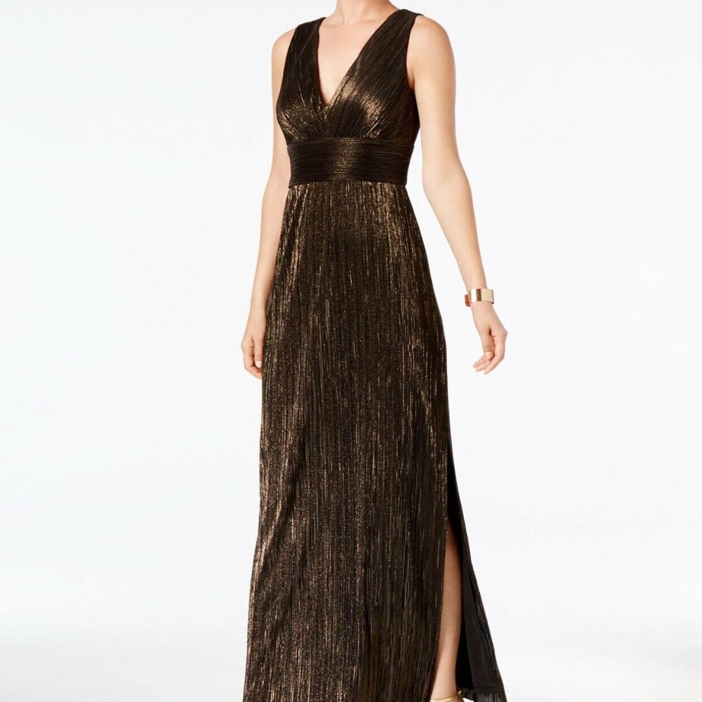 Jessica Howard Pleated Metallic Slit Gown-Size 10